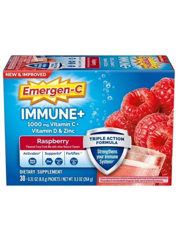 Emergen-C Immune+ Vitamin C Supplement Powder for Immune Support, Raspberry, 30 Ct, for Adults