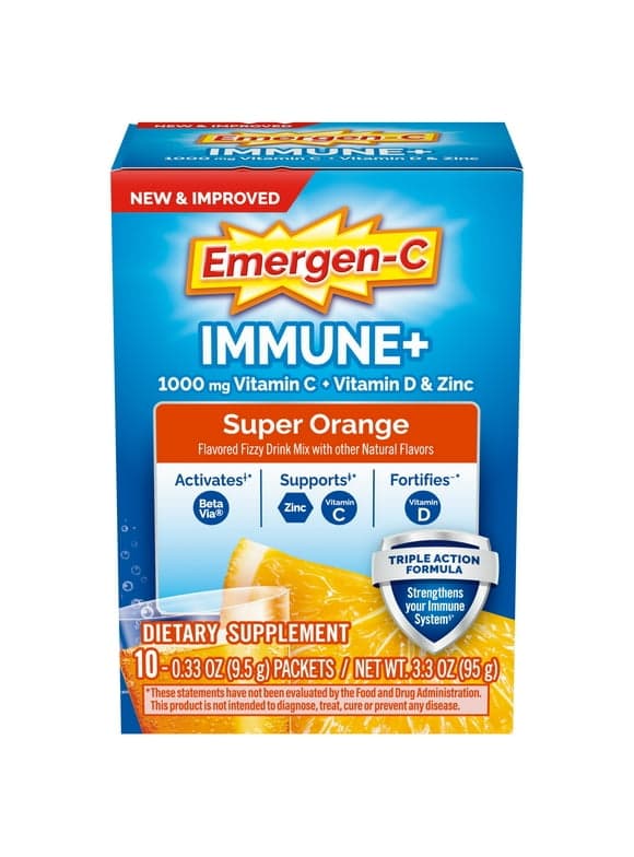 Emergen-C Immune+ Triple Action Immune Support Powder, Betavia (R), 1000Mg Vitamin C, B Vitamins, Vitamin D and Antioxidants, Super Orange 10 Count