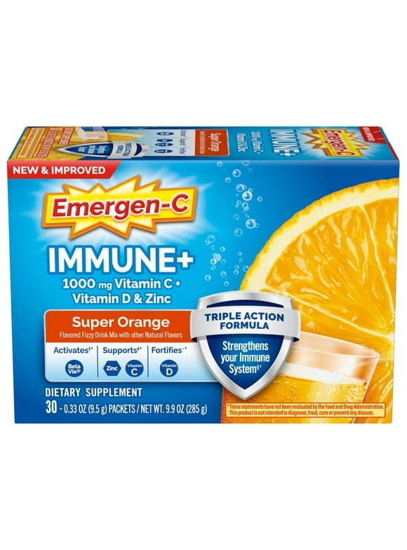 Emergen-C Immune+ Triple Action Immune Support Powder, Betavia (R), 1000Mg Vitamin C, B Vitamins, Vitamin D and Antioxidants, Super Orange 30 Count