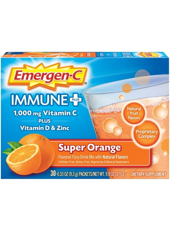 Emergen-C Immune Plus Vitamin C Supplement for Immune Support, Super Orange, 30 Ct