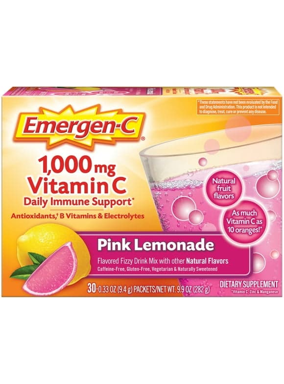 Emergen-C 1000Mg Vitamin C Powder, with Antioxidants, B Vitamins and Electrolytes for Immune Support, Caffeine Free Vitamin C Supplement Fizzy Drink Mix, Pink Lemonade Flavor - 30 Ctt/1 Month Supply