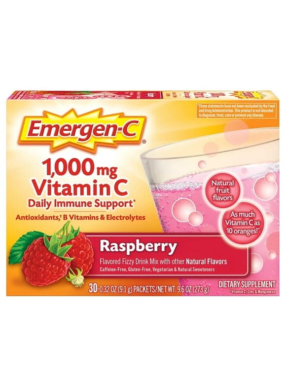 Emergen-C Vitamin C 1000mg Powder (30 Count, Raspberry Flavor, 1 Month Supply), With Antioxidants, B Vitamins And Electrolytes, Dietary Supplement Fizzy Drink Mix, Caffeine Free