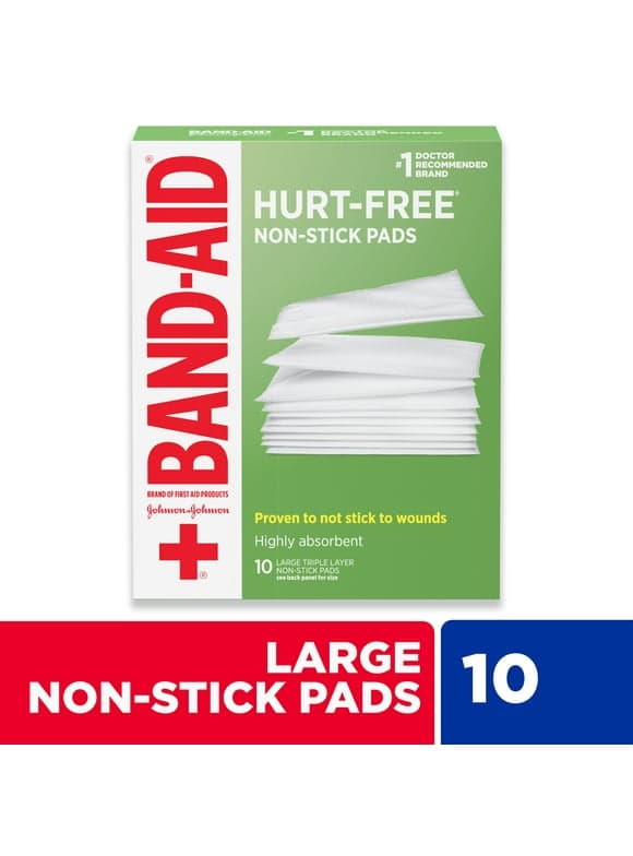 Band-Aid Brand Hurt-Free Non-Stick Pads, Large, 3 in x 4 in, 10 Ct