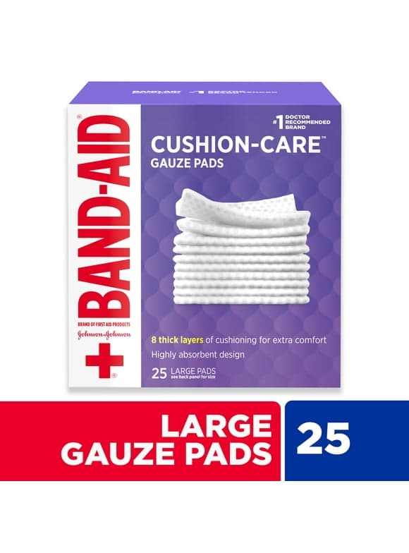 Band-Aid Brand Large Cushion Care Thick Gauze Pads, 4 in x 4 in, 25 Ct