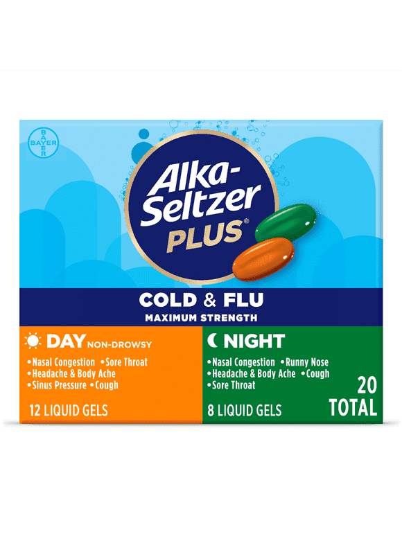 Alka-Seltzer Plus Maximum Strength Cold & Flu Medicine, Day + Night, Liquid Gels, 20 Count