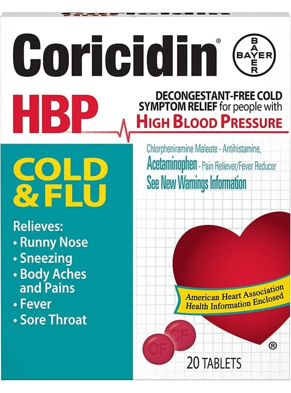 Coricidin HBP Cold & Flu Relief Tablets, High Blood Pressure, 20 Ct