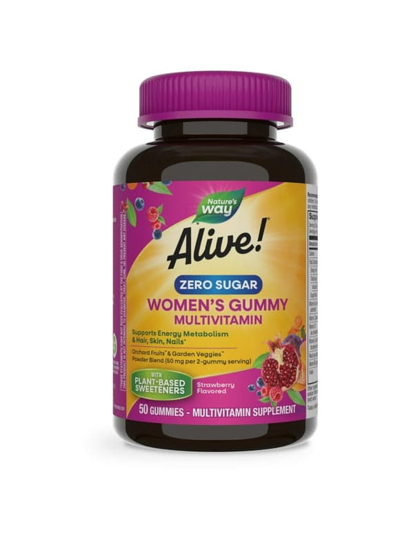 Natures Way Alive! Womens Gummy Multivitamin, Zero Sugar, B-Vitamins, Strawberry Flavored, 50 Ct