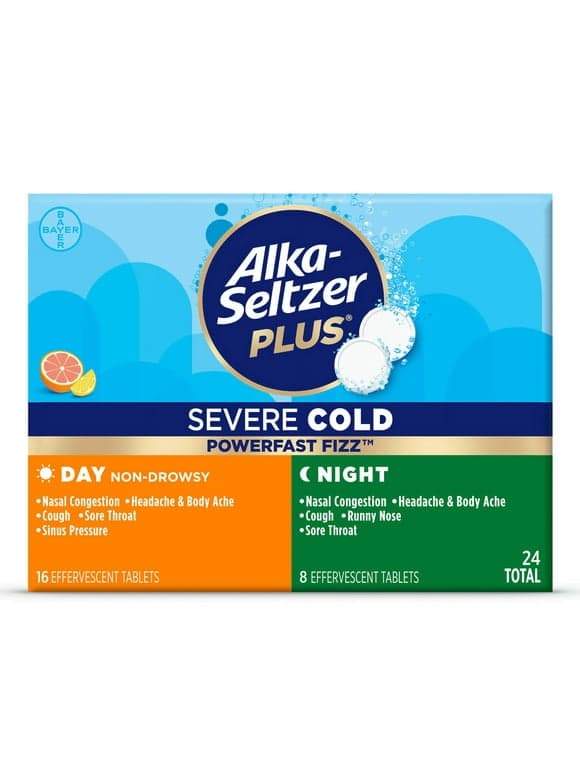 Alka-Seltzer Plus Powerfast Fizz Severe Day + Night Cold Medicine, Effervescent Tablets, 24 Count