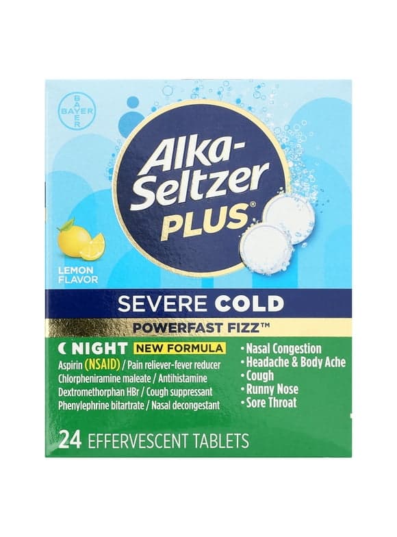 Alka-Seltzer Plus Powerfast Fizz Severe Night Cold Medicine, Lemon Effervescent Tablets, 24 Count