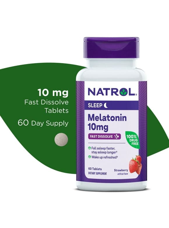 Natrol® Sleep Melatonin Fast Dissolve Tablets, Nighttime Sleep Aid, Strawberry Flavor, 10mg, 60 Count